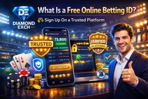 "Free online betting ID banner with Diamond Exchange app interface, 5 star rating, trusted badge and secure platform concept"
