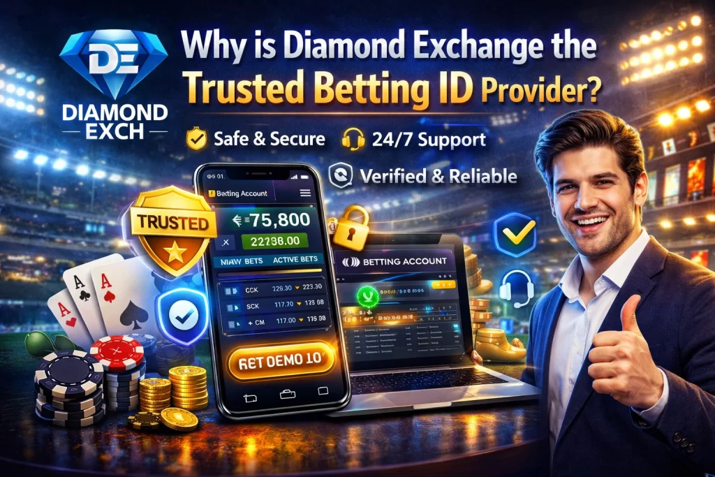 "Diamond Exchange trusted betting ID provider banner with secure platform, mobile betting interface and user trust concept"