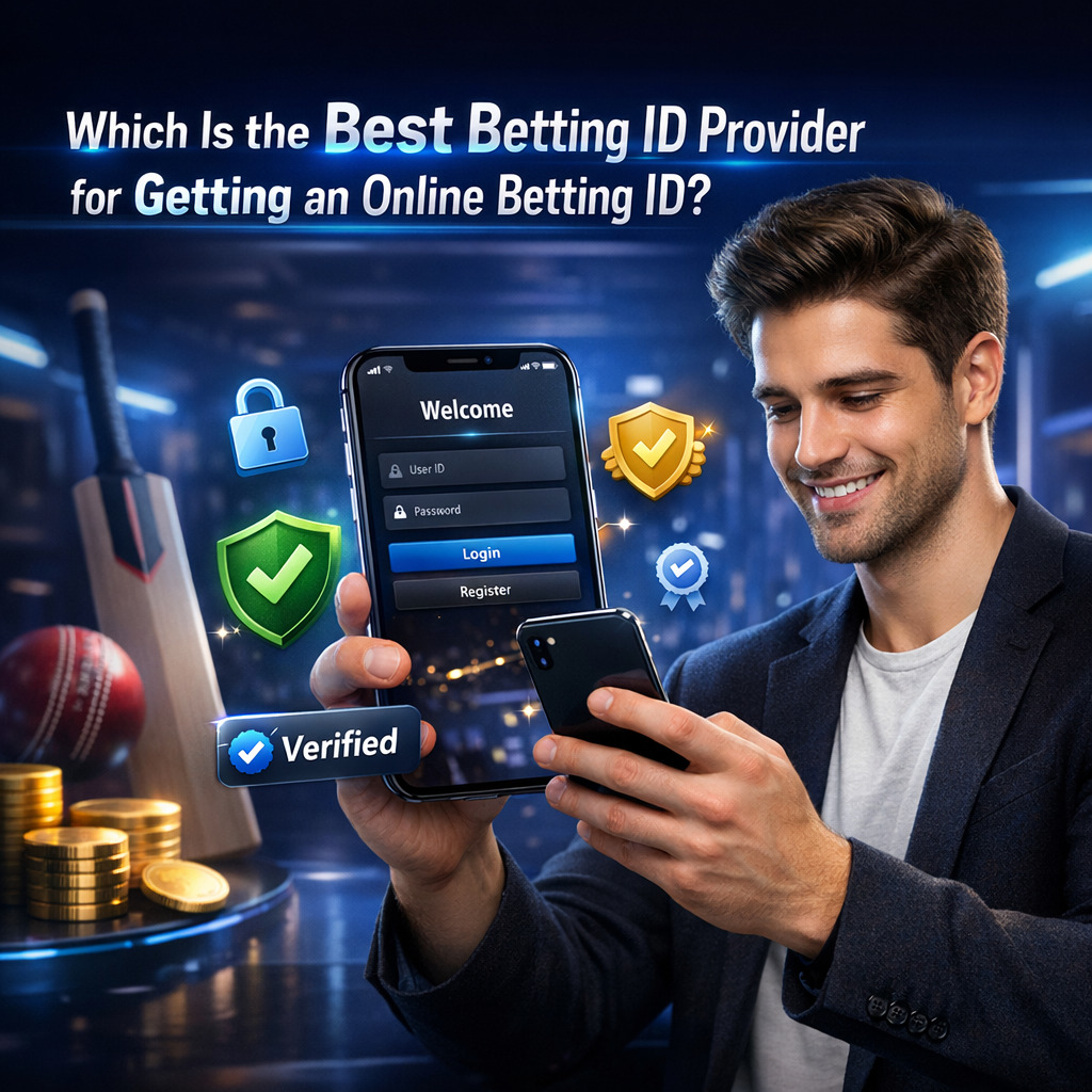 Best betting ID provider banner showing a young man using smartphone with online betting app interface and premium modern background