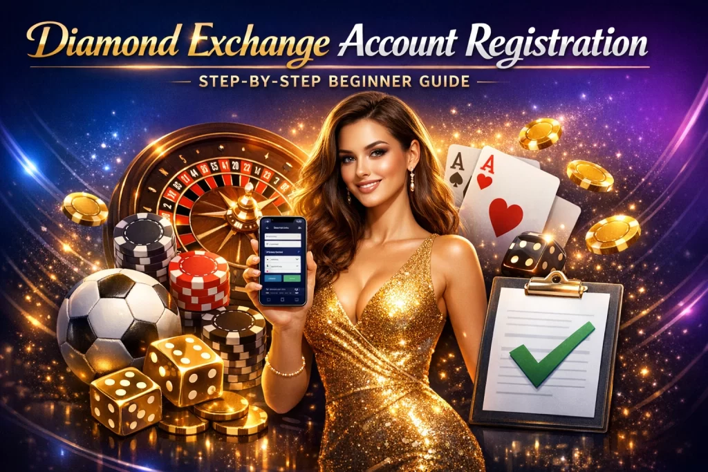 "Diamond Exchange banner with woman in gold dress, smartphone, casino icons, and registration theme on glowing background."