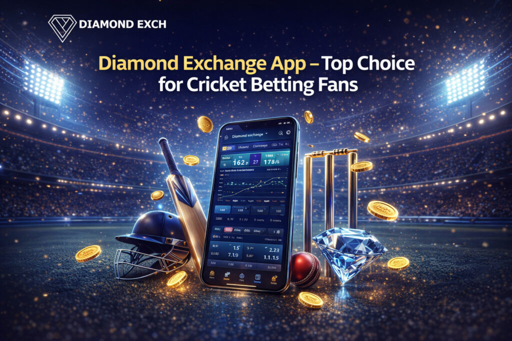 Diamond Exchange app banner showing cricket betting interface on smartphone with bat, ball, gold coins and diamond in modern stadium