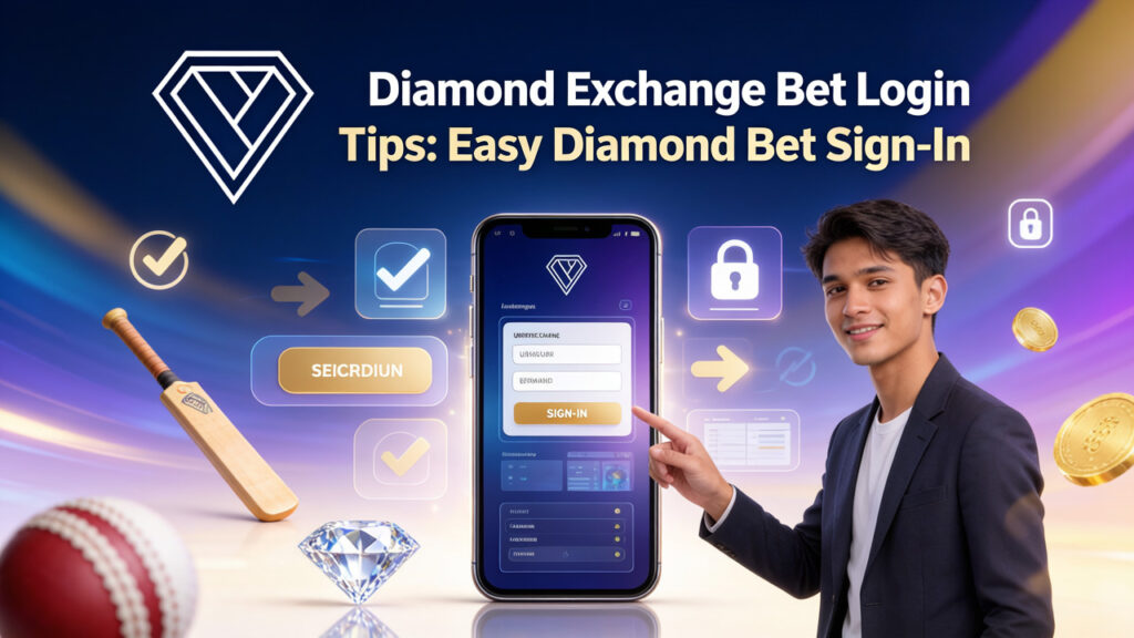 Diamond Exchange bet login tips banner showing smartphone sign-in screen, user interface, lock icon and modern colorful design