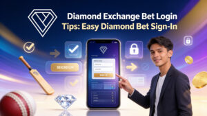 Diamond Exchange bet login tips banner showing smartphone sign-in screen, user interface, lock icon and modern colorful design