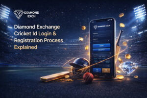 Diamond Exchange Cricket ID login and registration process banner with 3D smartphone interface, cricket bat, ball, gold coins and diamond in modern stadium
