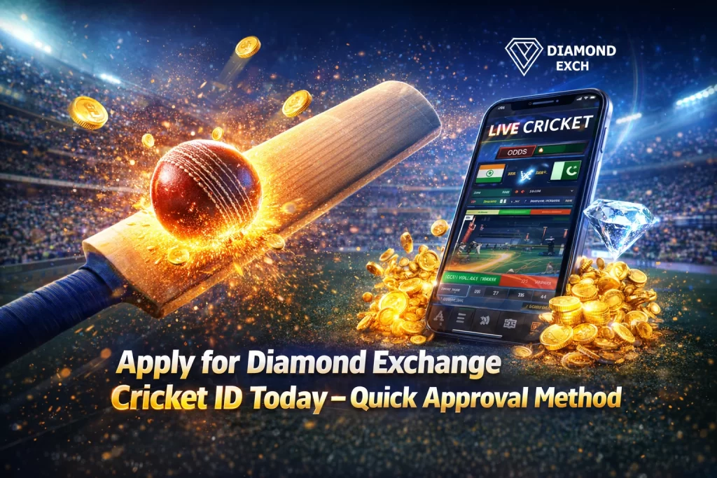 Diamond Exchange cricket ID registration banner showing gaming app on mobile, cricket bat and ball, golden coins and luxury diamond theme