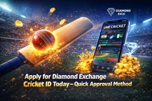 Diamond Exchange cricket ID registration banner showing gaming app on mobile, cricket bat and ball, golden coins and luxury diamond theme