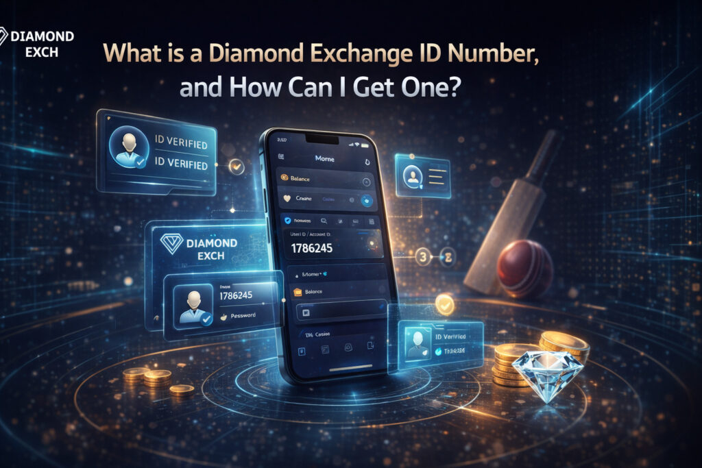 **Diamond Exchange ID number guide banner showing smartphone dashboard, user ID display, verification icons and modern tech design**