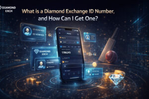 **Diamond Exchange ID number guide banner showing smartphone dashboard, user ID display, verification icons and modern tech design**
