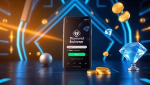 Diamond Exchange latest APK download banner showing Android smartphone with app install screen, cricket elements, gold coins and diamond in modern tech background