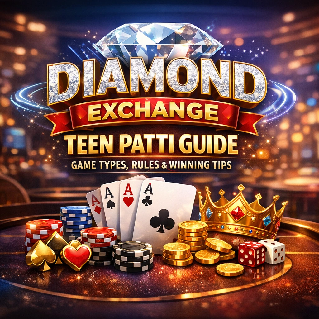 Diamond Exchange Teen Patti guide banner showing playing cards, poker chips, smartphone gaming interface, gold coins and diamond in a modern luxury setting