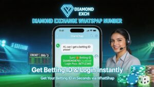 Diamond Exchange WhatsApp number banner showing mobile chat, instant betting ID, login access, and customer support with cricket betting theme