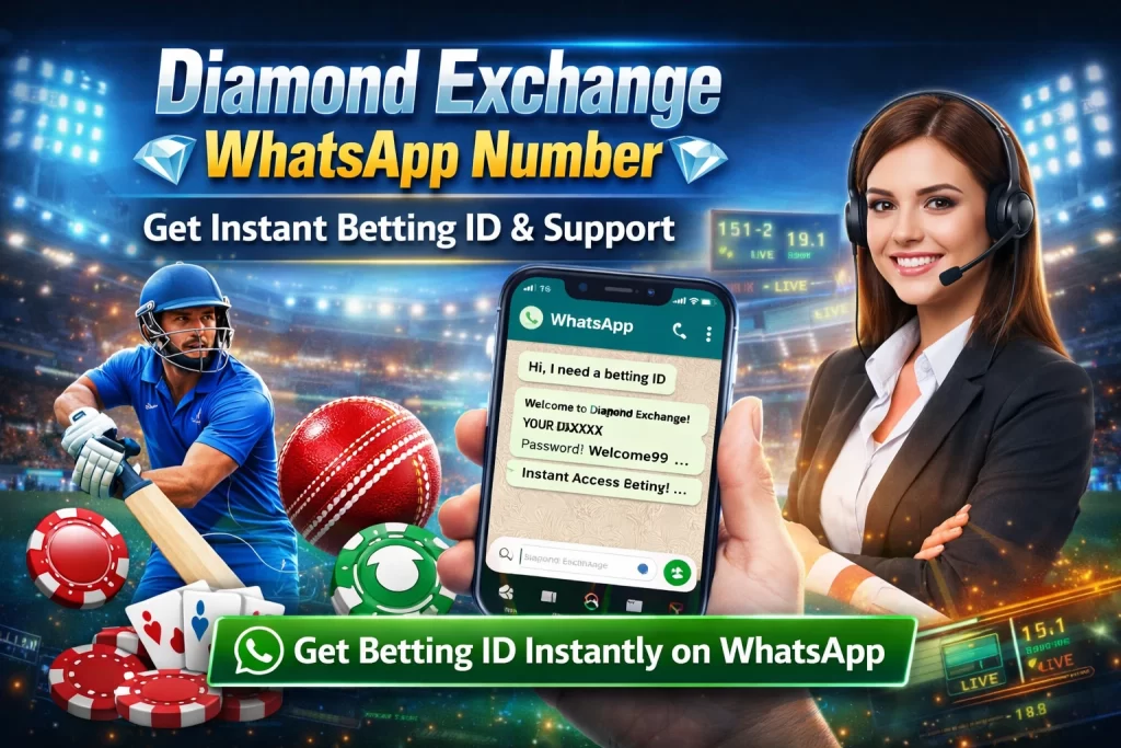 Diamond Exchange WhatsApp number banner featuring smartphone chat, instant betting ID, cricket player, casino elements, and customer support agent for quick login access
