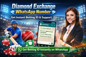 Diamond Exchange WhatsApp number banner featuring smartphone chat, instant betting ID, cricket player, casino elements, and customer support agent for quick login access