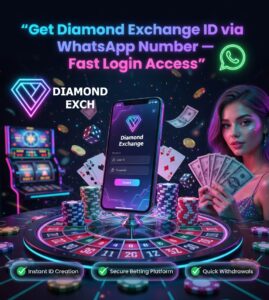 Diamond exchange online betting banner with glowing WhatsApp icon, mobile login screen and casino elements