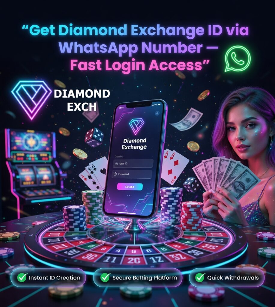 Diamond exchange online betting banner with glowing WhatsApp icon, mobile login screen and casino elements