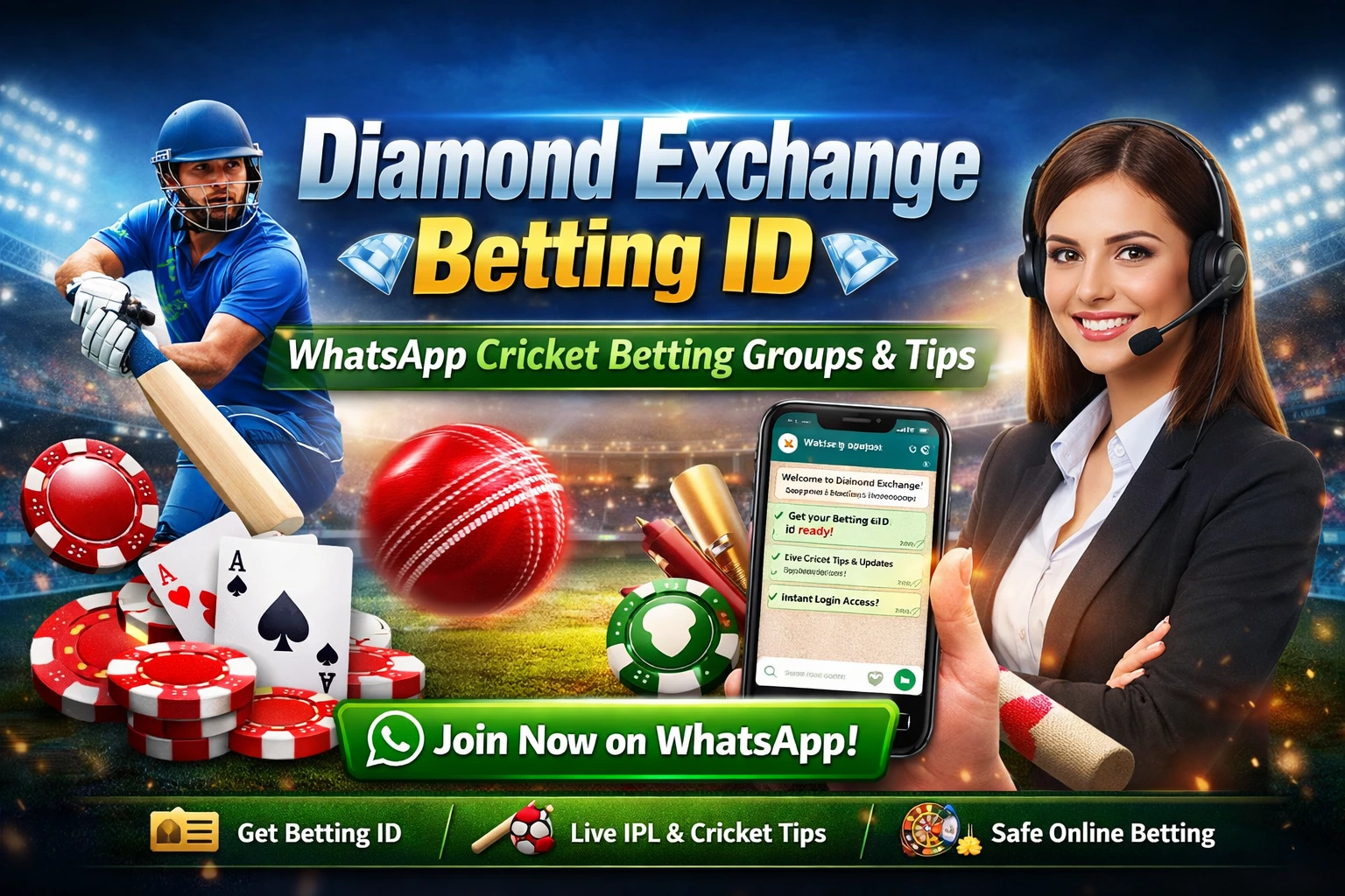 Diamond Exchange betting ID banner with WhatsApp cricket betting groups, mobile chat, support agent, and casino elements for instant access
