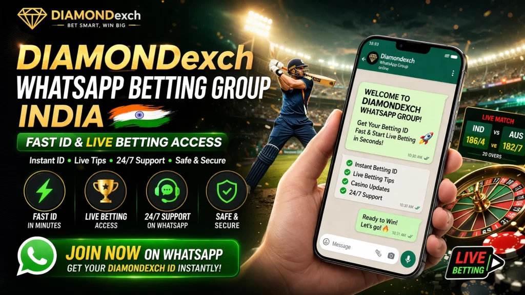 Diamondexch WhatsApp Betting Group India banner with instant betting ID and live betting access