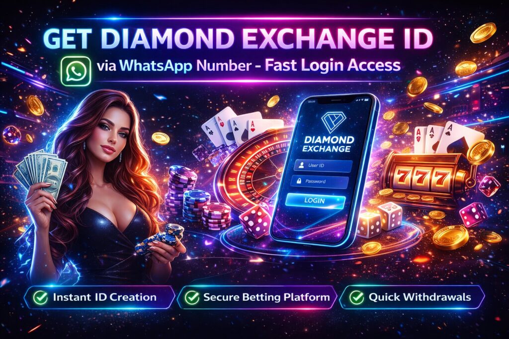 Neon style Diamond Exchange banner with WhatsApp ID login, secure betting platform and quick withdrawals