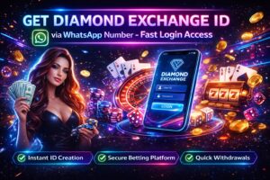 Neon style Diamond Exchange banner with WhatsApp ID login, secure betting platform and quick withdrawals
