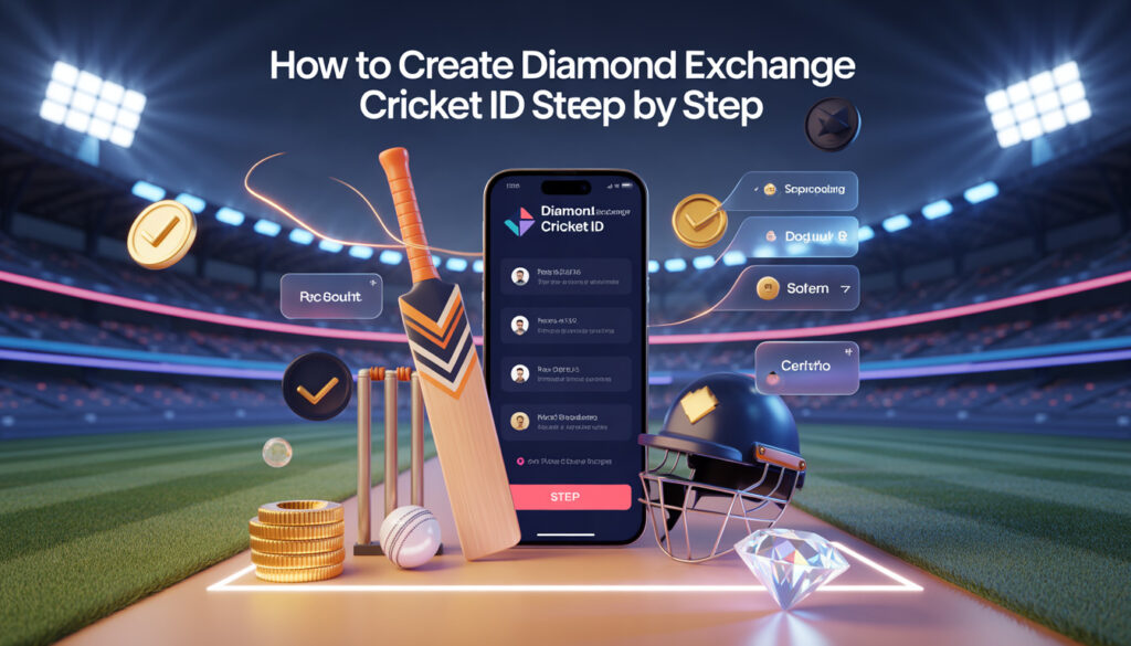 How to create Diamond Exchange Cricket ID step by step banner with 3D smartphone registration process, cricket bat, ball, gold coins and diamond in modern stadium