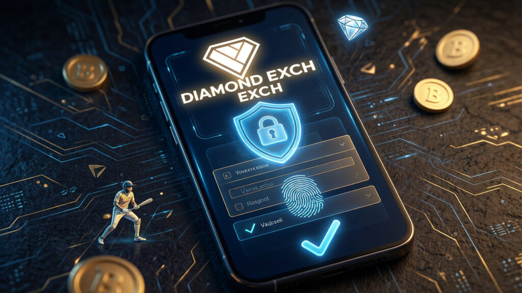 How to login Diamond Exchange for secure access banner with smartphone login screen, lock icon and modern tech design