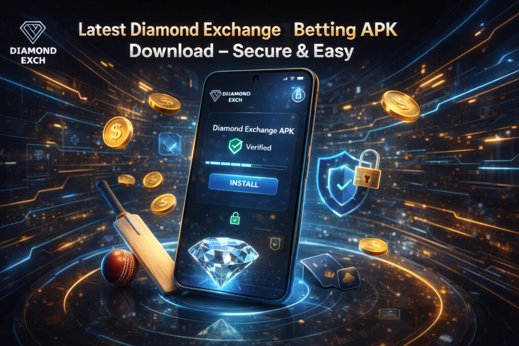 Diamond Exchange betting APK download guide showing secure Android app installation, verification icons, cricket elements and premium diamond theme