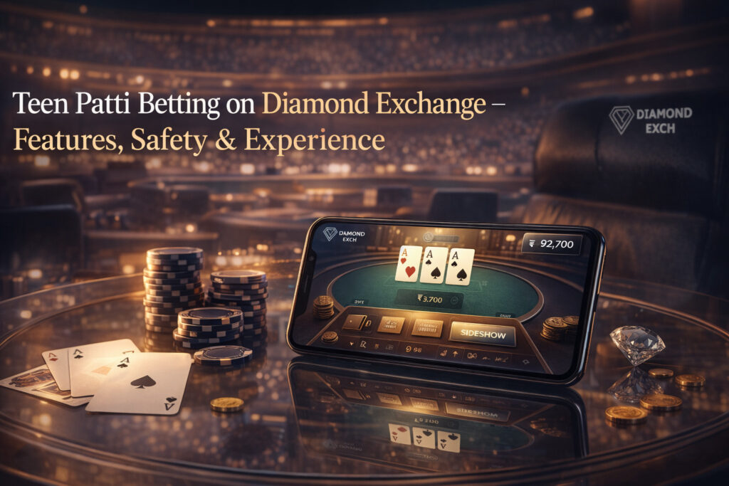 Teen Patti betting on Diamond Exchange banner with realistic playing cards, smartphone game interface, poker chips and brand logo in premium setting