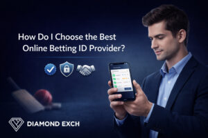 Online betting ID provider selection guide showing man holding mobile with app comparison, ratings, security icons and cricket theme
