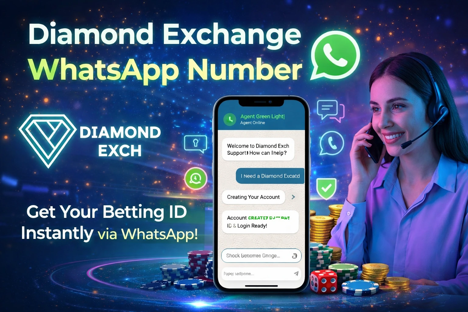 Diamond Exchange WhatsApp number banner with mobile chat, support agent, and casino elements for instant betting ID access