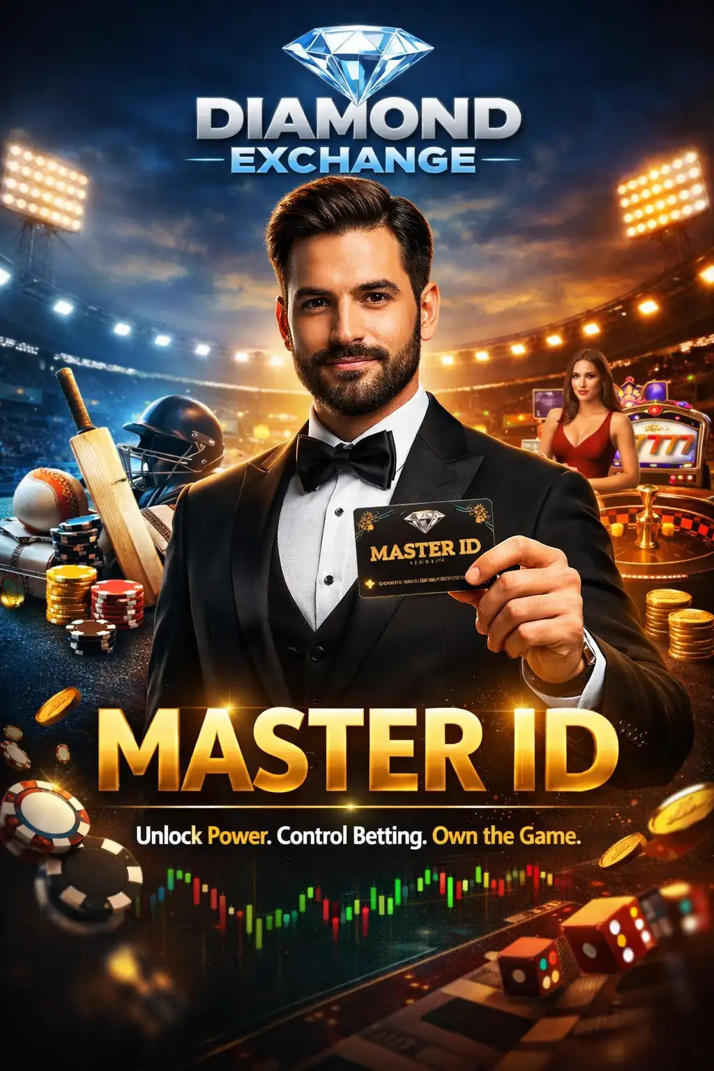 Diamond Exchange Master ID promotional banner showing luxury betting dashboard, cricket stadium, casino elements and VIP master card design