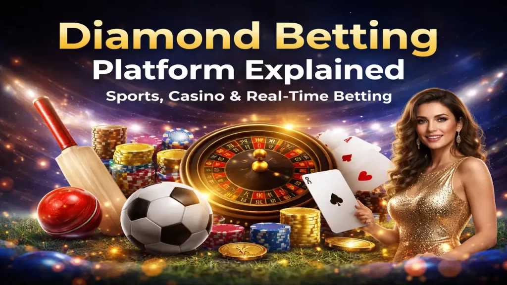 Diamond Exchange platform banner with sports betting, casino games, and real-time online betting experience in modern design