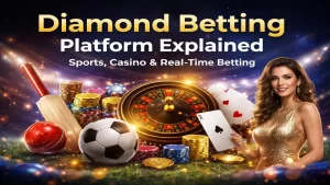 Diamond Exchange platform banner with sports betting, casino games, and real-time online betting experience in modern design