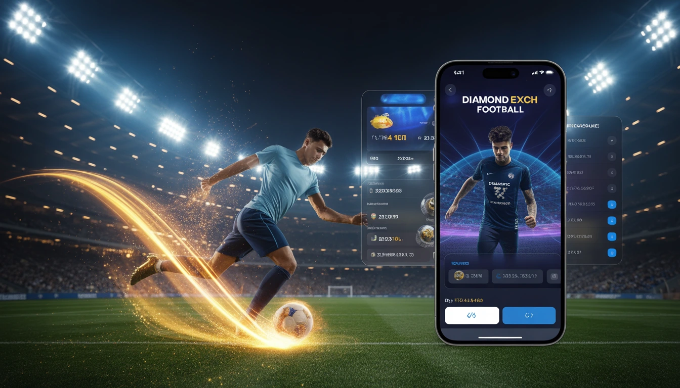Diamond Exchange football hero image showing a player kicking a glowing ball in a modern stadium with live match stats and mobile app interface on screen