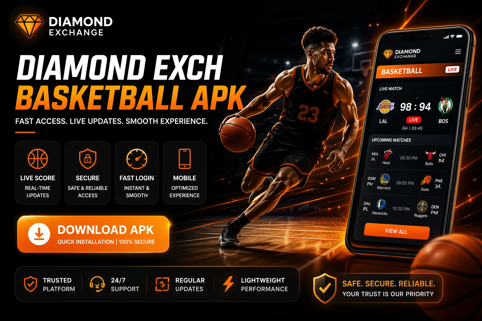 Diamond Exch Basketball APK banner with live score screen, player action, and download button