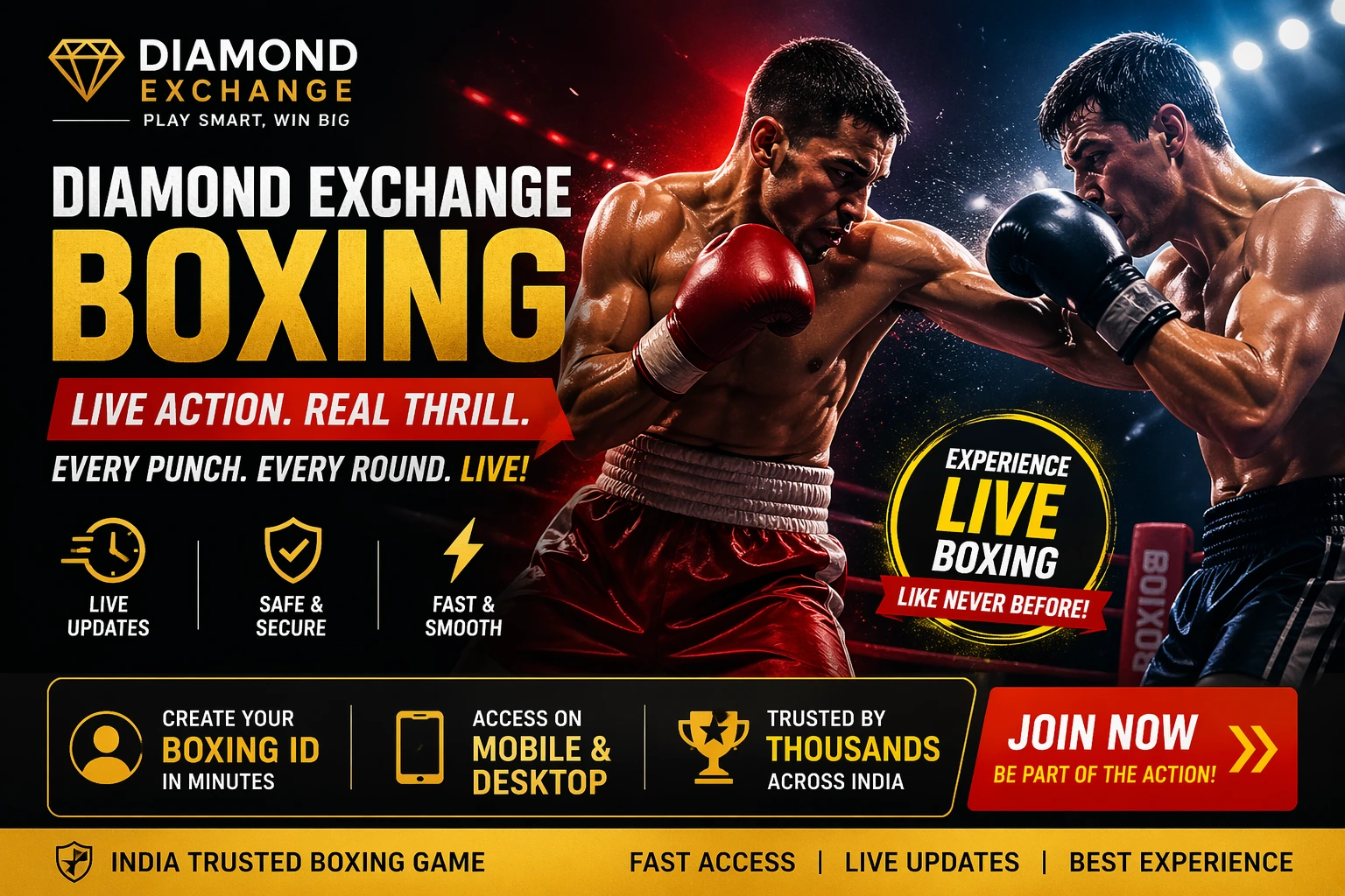 Diamond Exchange Boxing banner showing two professional fighters in an intense match, with bold text, live action theme, and fast access features highlighted.