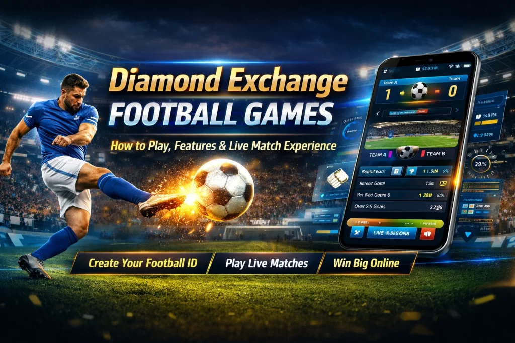 Diamond Exchange football banner showing a player kicking a glowing ball in a stadium with a mobile app displaying live match stats and football game interface