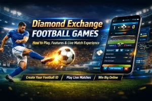 Diamond Exchange football banner showing a player kicking a glowing ball in a stadium with a mobile app displaying live match stats and football game interface