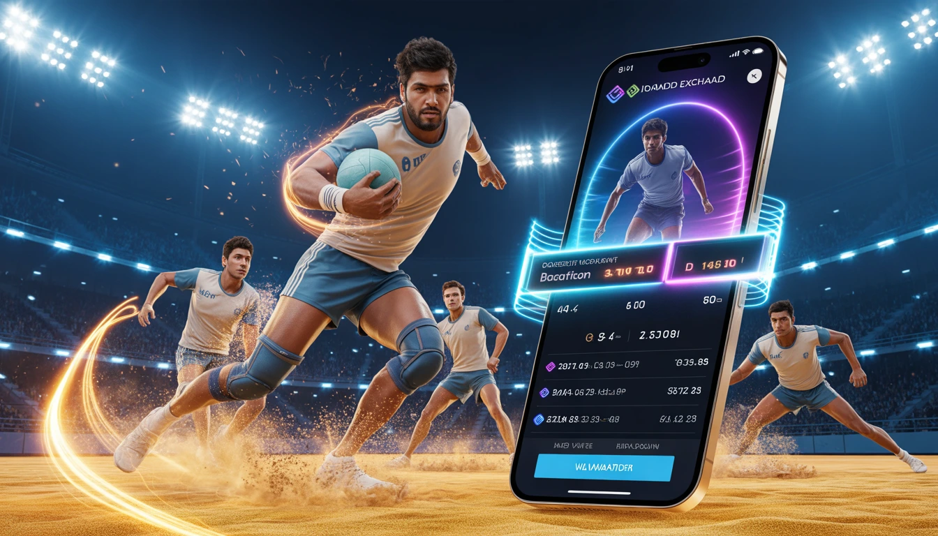 Diamond Exchange Kabaddi hero image showing players in a high-energy raid under stadium lights with a mobile app displaying live match stats and real-time gameplay interface