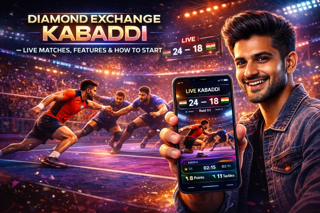 User playing live kabaddi game on smartphone with futuristic UI, real-time score and stadium background on Diamond Exchange