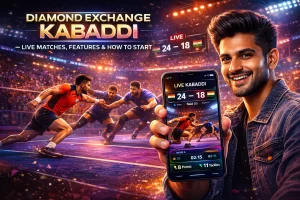User playing live kabaddi game on smartphone with futuristic UI, real-time score and stadium background on Diamond Exchange
