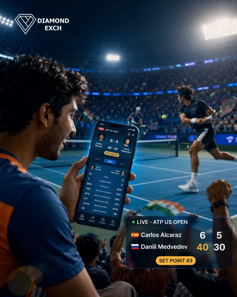 User watching live tennis match on mobile with real-time score and stats on Diamond Exchange tennis platform