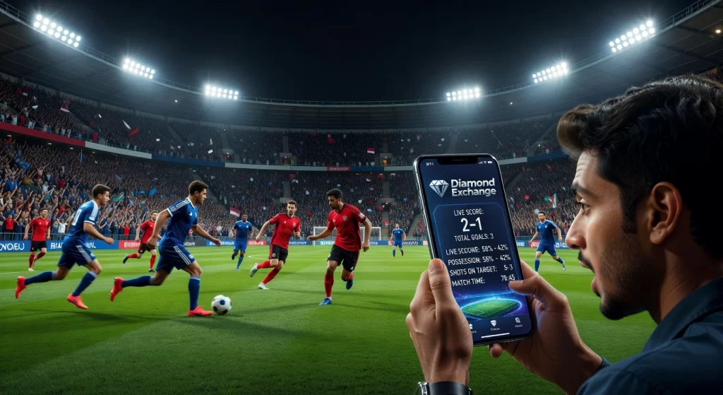 Diamond exch football interface showing live soccer game with score and match stats