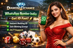 Diamond Exchange WhatsApp Number India banner with woman holding phone showing WhatsApp for instant betting ID