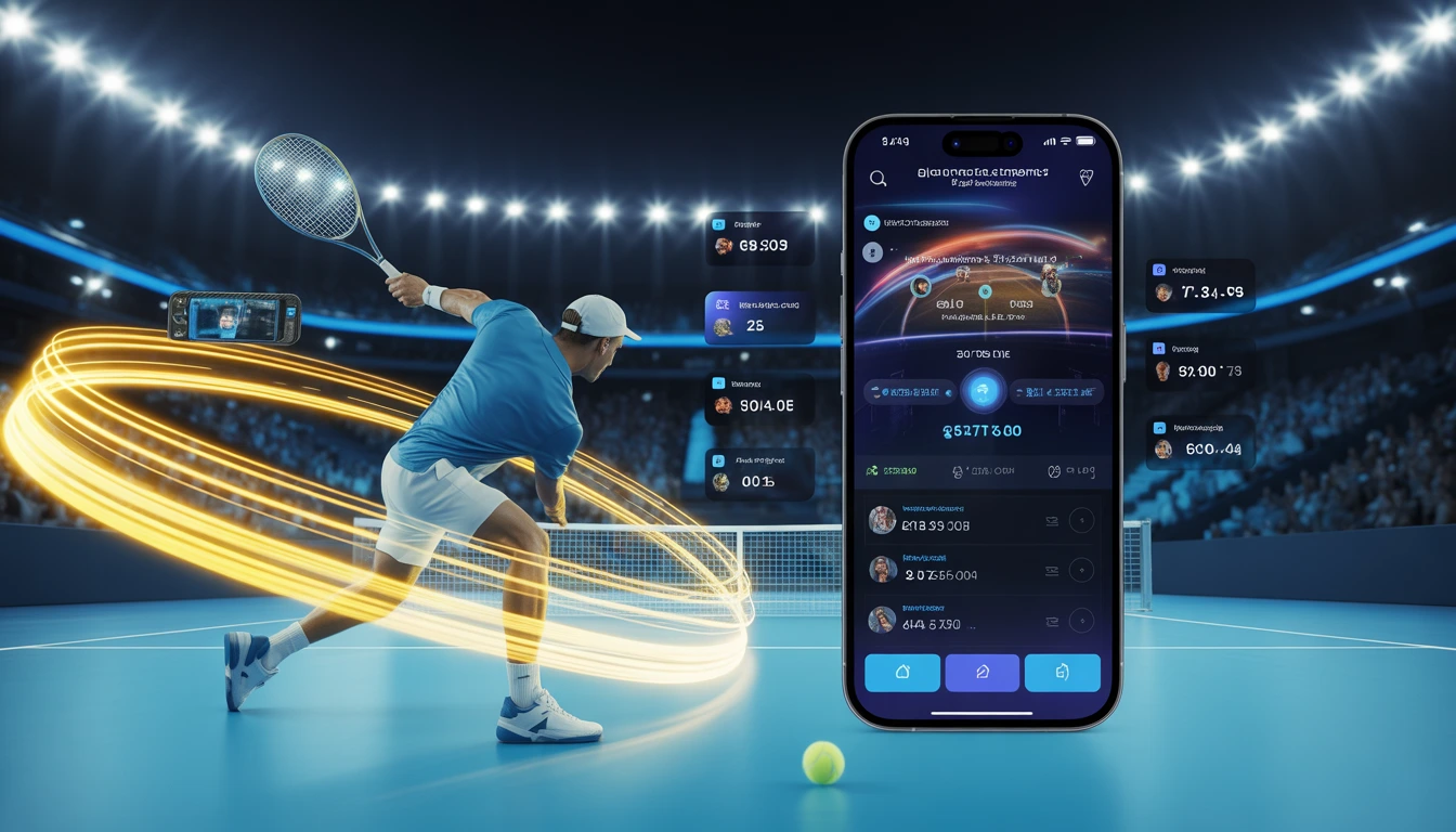 Diamond Exchange tennis hero image showing a player hitting a glowing ball in a neon-lit stadium with a mobile app displaying live match stats and real-time updates
