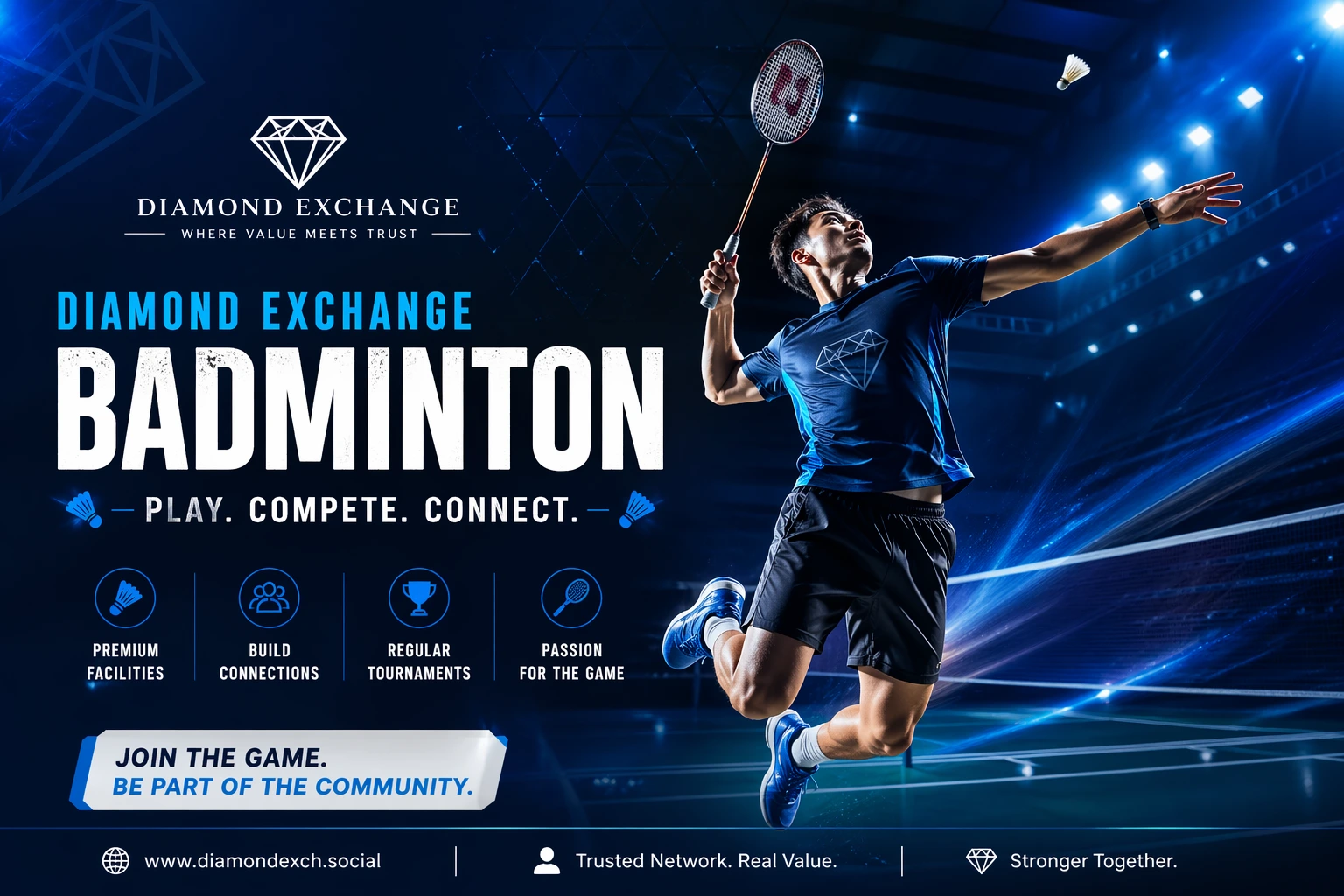 Diamond Exchange Badminton banner with player smashing shuttle on indoor court, blue theme, bold text, and play compete connect CTA