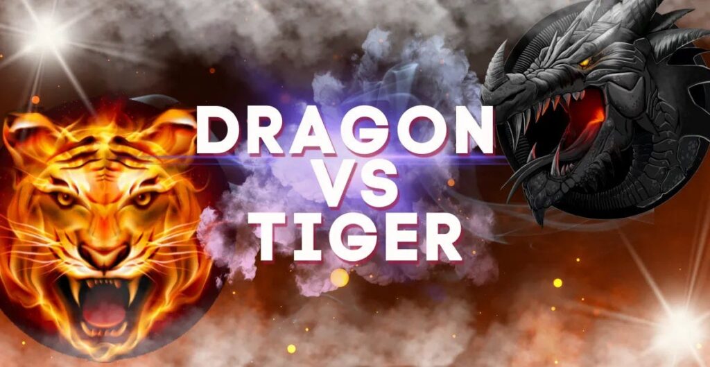 Dragon vs Tiger game banner featuring a fierce glowing tiger on one side and a dark fire-breathing dragon on the other, with bold “Dragon vs Tiger” text in the center and dramatic smoky background.