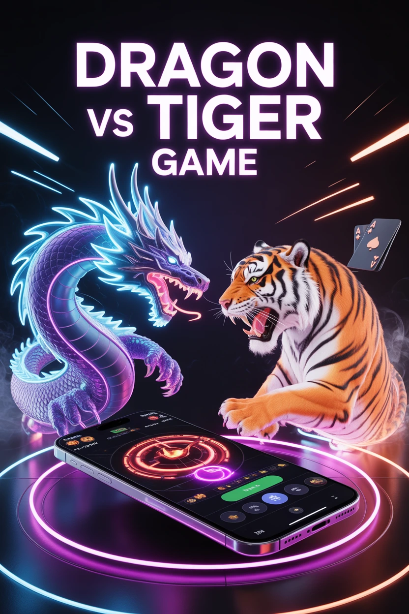 Dragon vs Tiger Game neon banner with glowing dragon and tiger facing each other on a dark background
