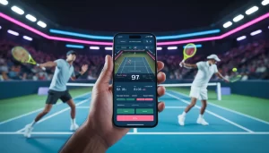 User experiencing real-time tennis match on mobile with glowing UI, live score and futuristic stadium background on DiamondExch