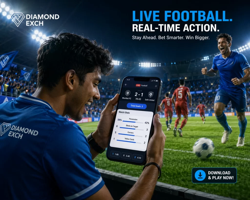 User playing live football game on mobile with real-time match stats and stadium background on Diamond Exchange