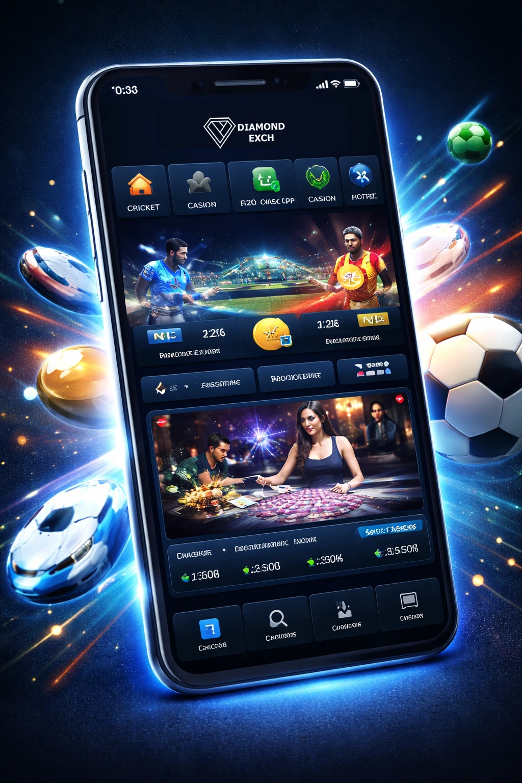 Diamond Exchange app download interface showing live sports, casino games, and secure mobile dashboard